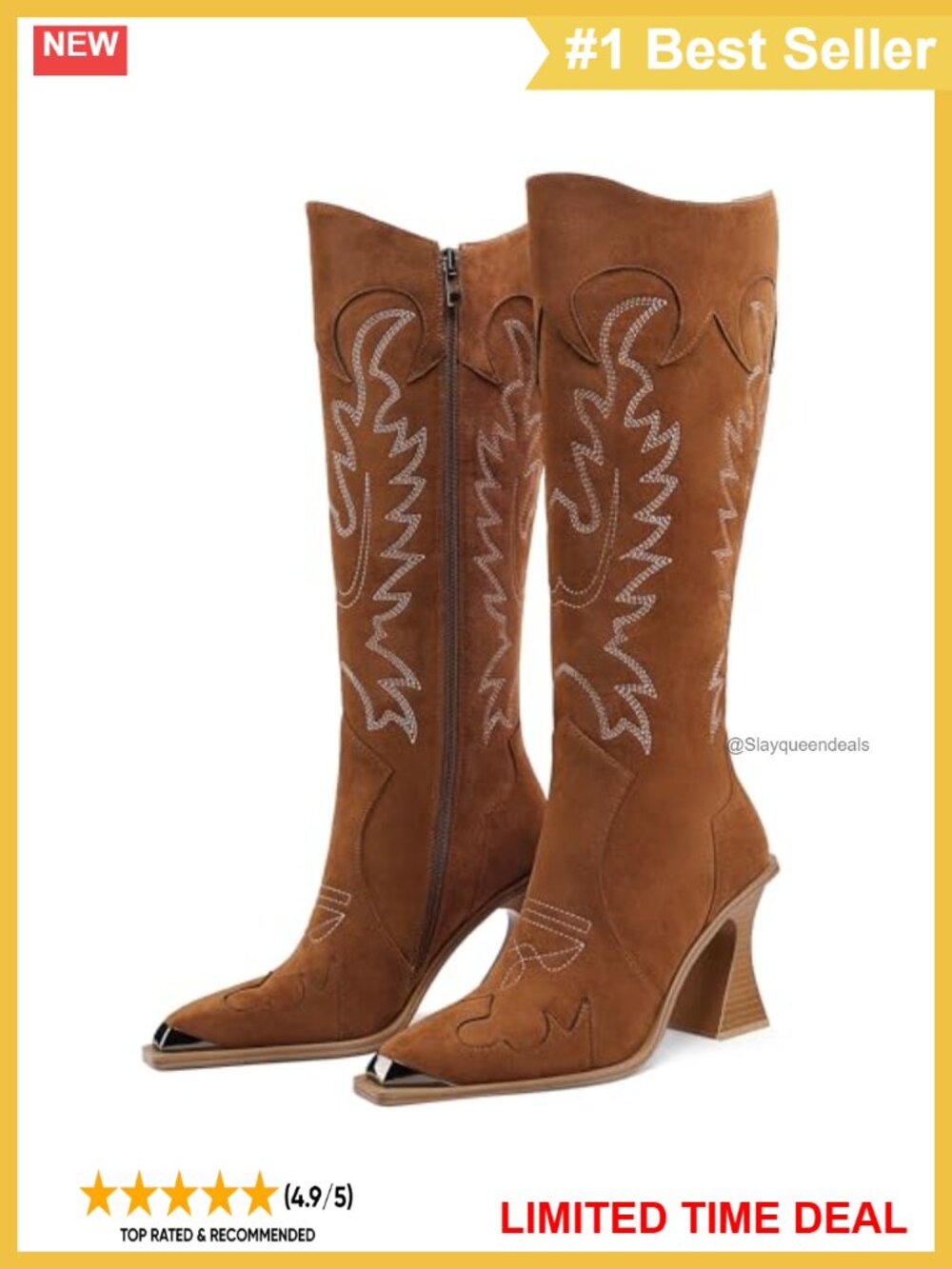 Women's Knee High Western Cowboy Boots Square Toe Faux Suede Heeled Zip